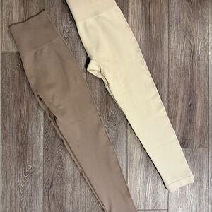 Beige and Cream Ribbed Leggings